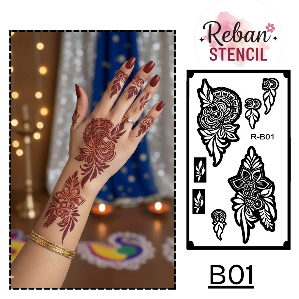 Arabic Style Long Mehndi Stencil – Bold Flowing Pattern REBANSTENCIL B01