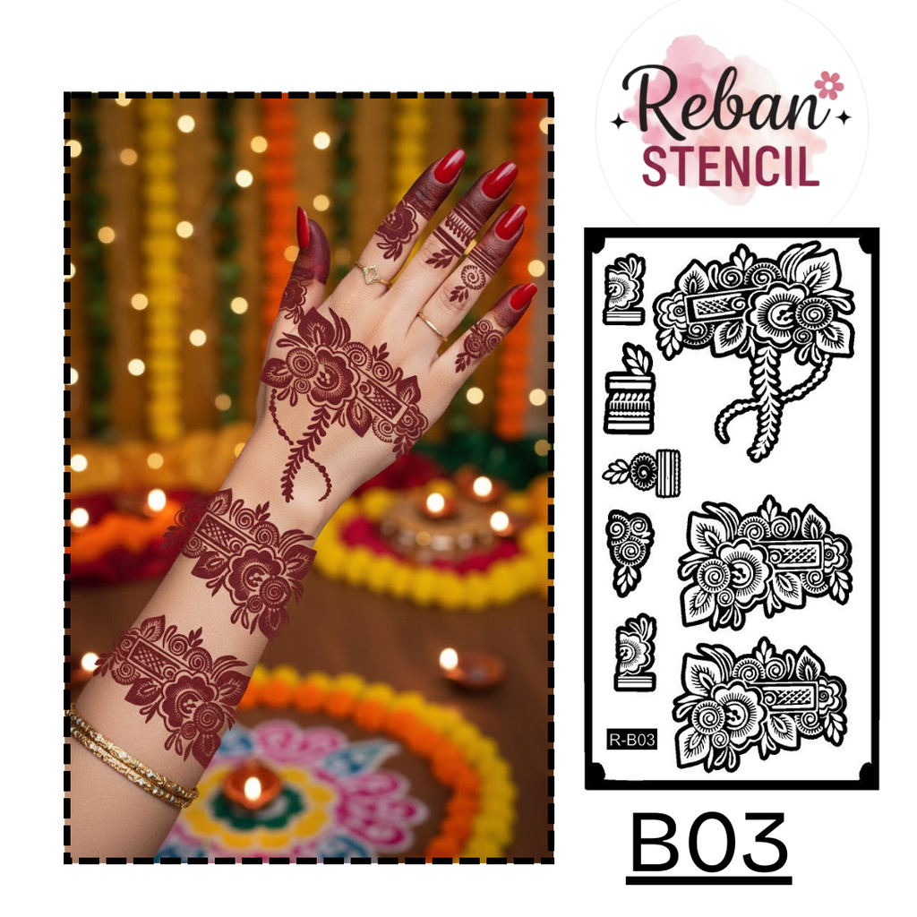 Professional Long Mehndi Stencil – Continuous Hand Art Pattern REBANSTENCIL B03