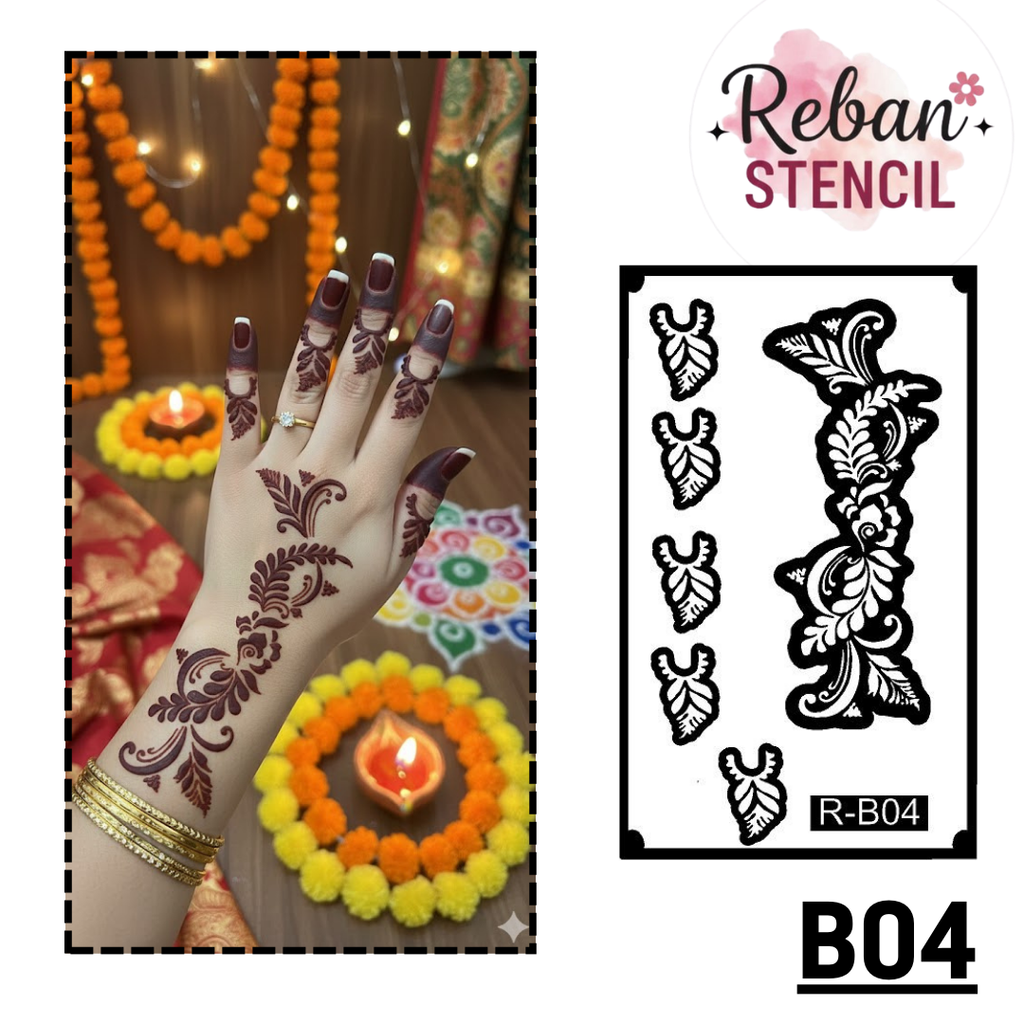 Professional Long Mehndi Stencil – Continuous Hand Art Pattern REBANSTENCIL B04