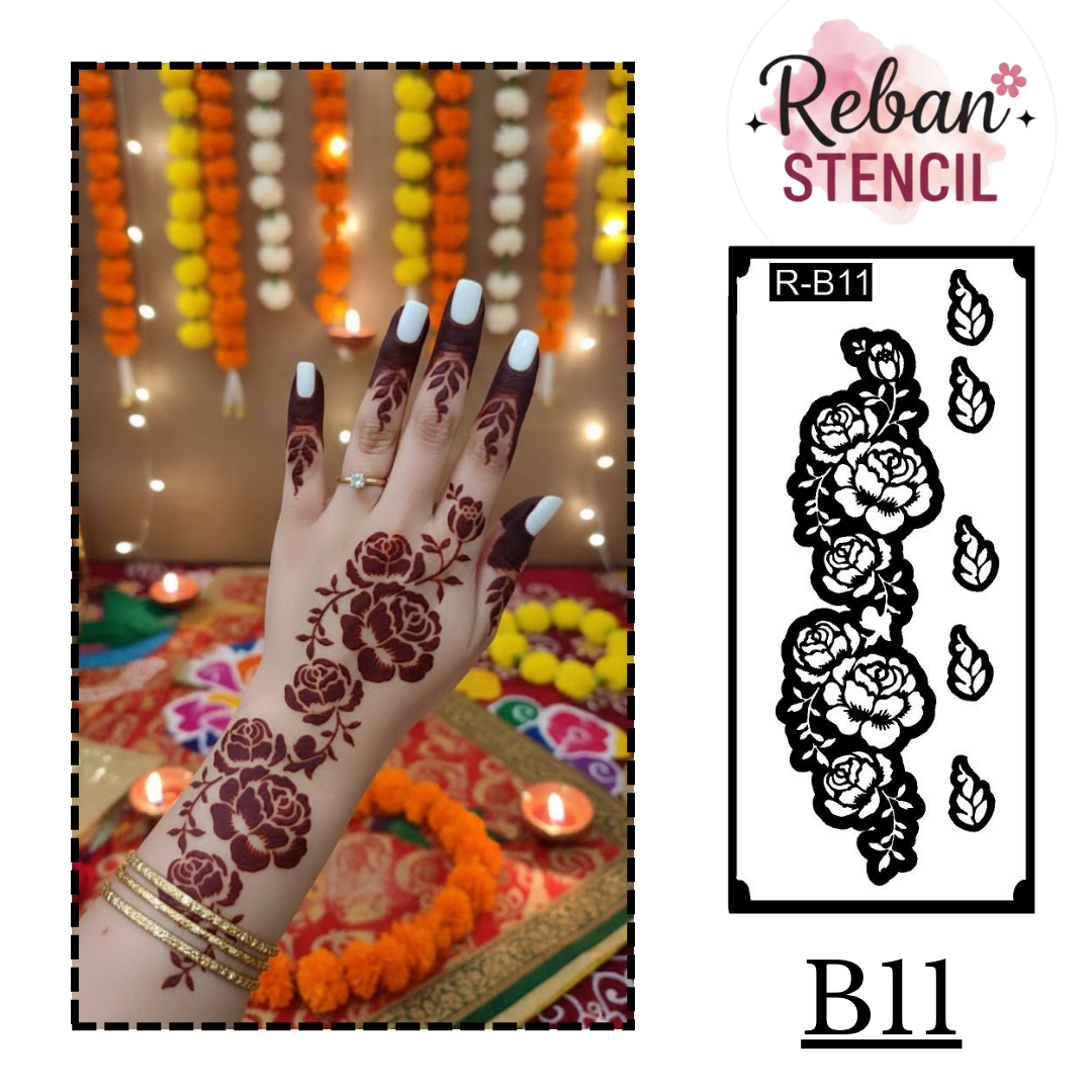 Professional Long Mehndi Stencil – Continuous Hand Art Pattern REBANSTENCIL B11