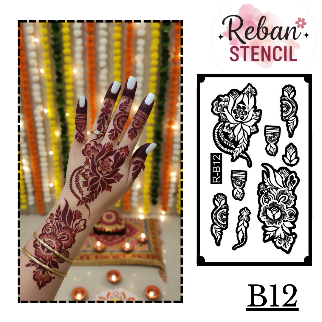 Festive Long Mehndi Stencil – Detailed Traditional Flow Design  REBANSTENCIL B12