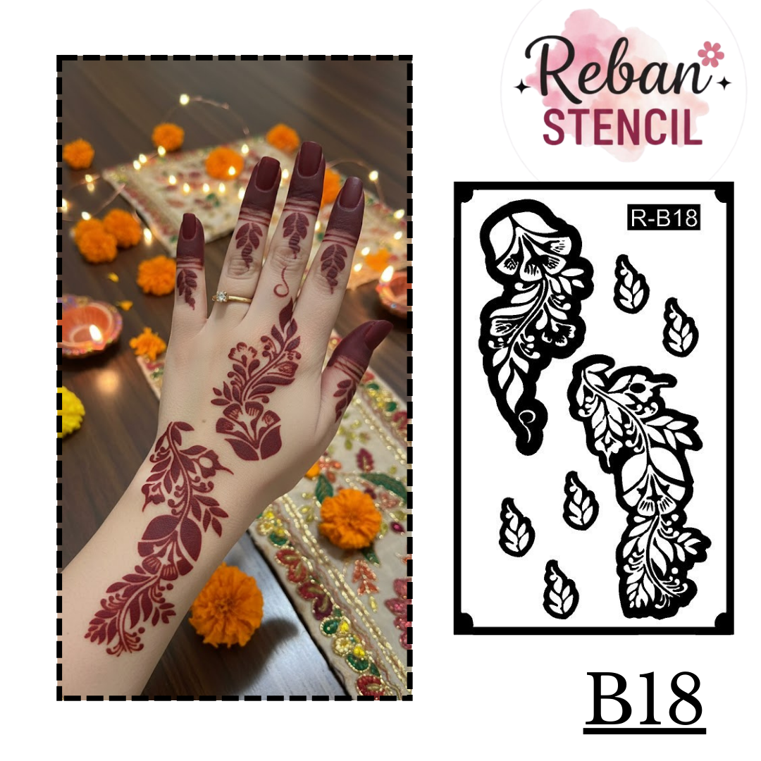 Indo-Arabic Long Mehndi Stencil – Modern Fusion Hand Pattern REBANSTENCIL B18