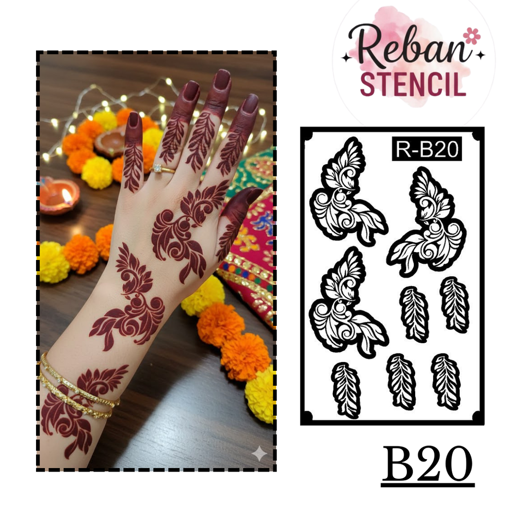 Festive Long Mehndi Stencil – Detailed Traditional Flow Design REBANSTENCIL B20
