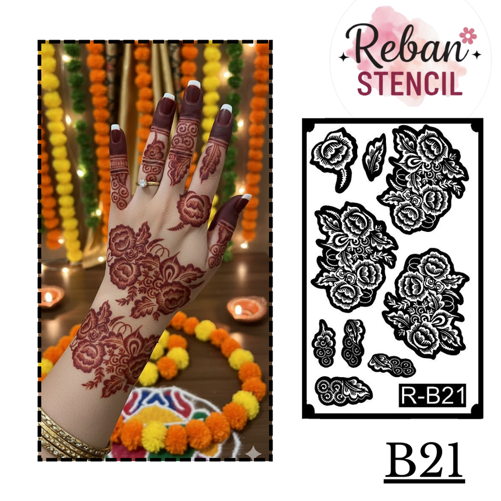 Festive Long Mehndi Stencil – Detailed Traditional Flow Design REBANSTENCIL B21