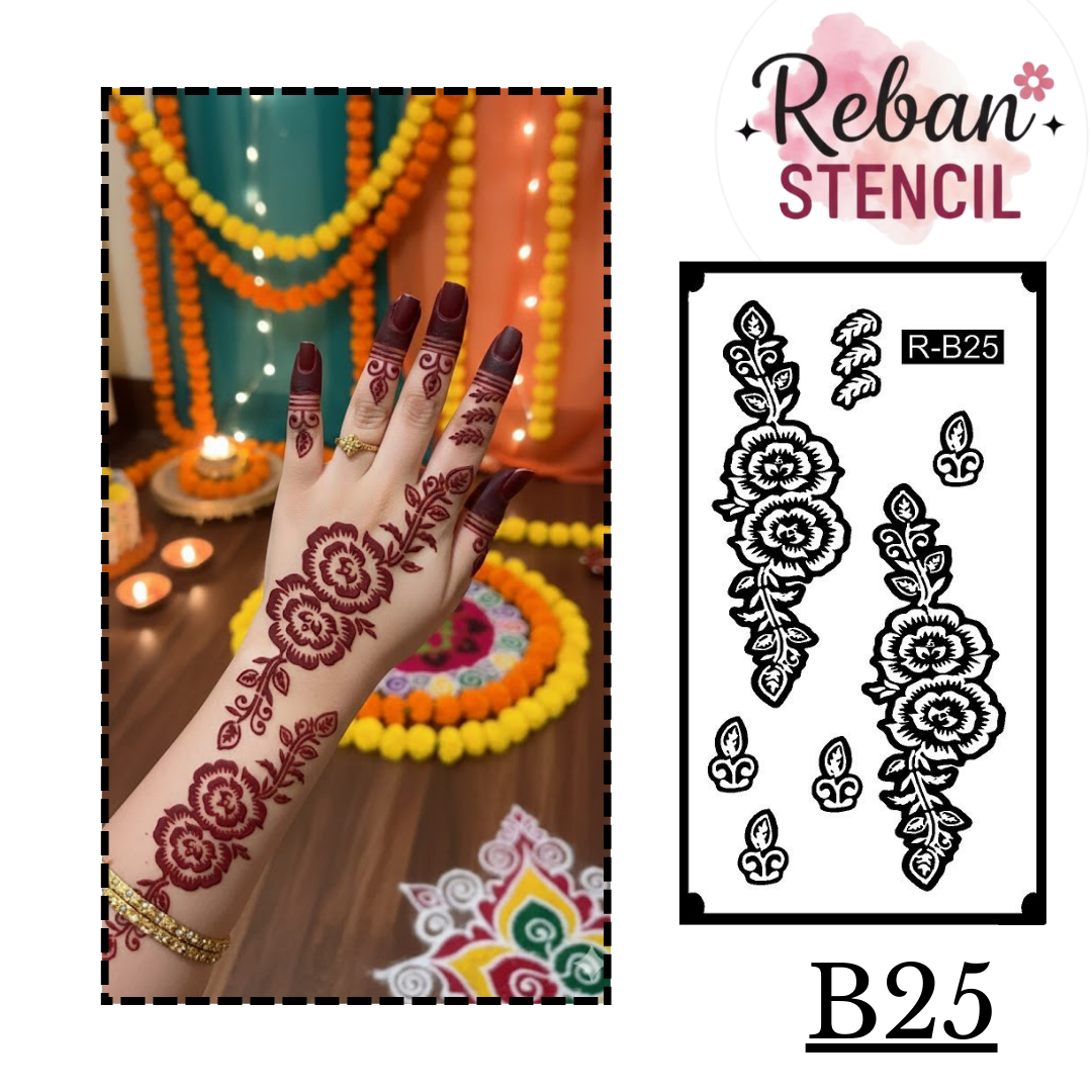 Festive Long Mehndi Stencil – Detailed Traditional Flow Design REBANSTENCIL B25