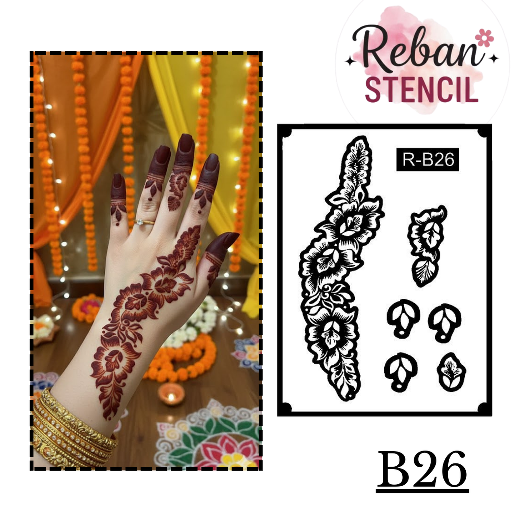 Designer Long Mehndi Stencil – Extended Arm & Hand Pattern REBSANSTENCIL B26