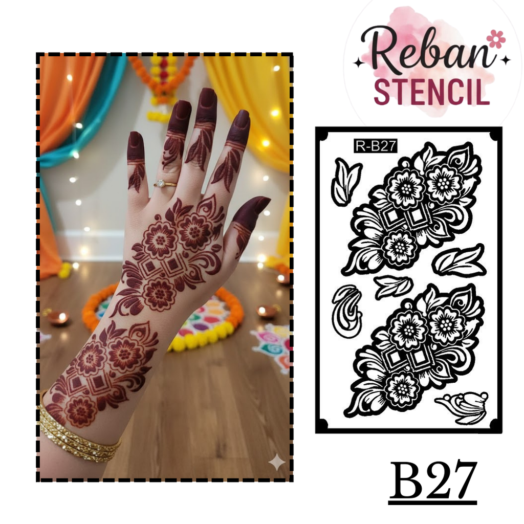 Indo-Arabic Long Mehndi Stencil – Modern Fusion Hand Pattern REBANSTENCIL B27