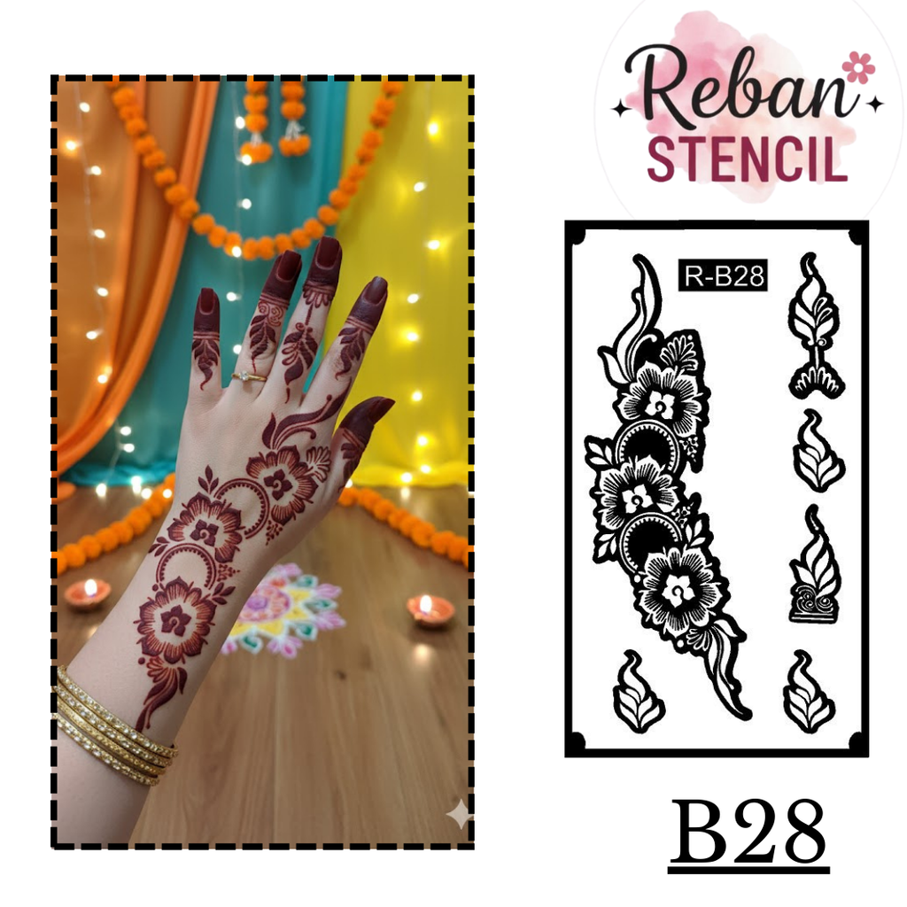 Indo-Arabic Long Mehndi Stencil – Modern Fusion Hand Pattern REBANSTENCIL B28
