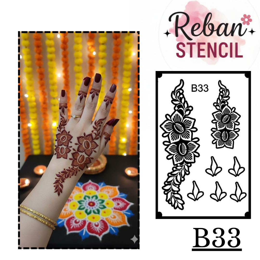 Classic Long Mehndi Stencil – Traditional Flowing Layout REBANSTENCIL B33