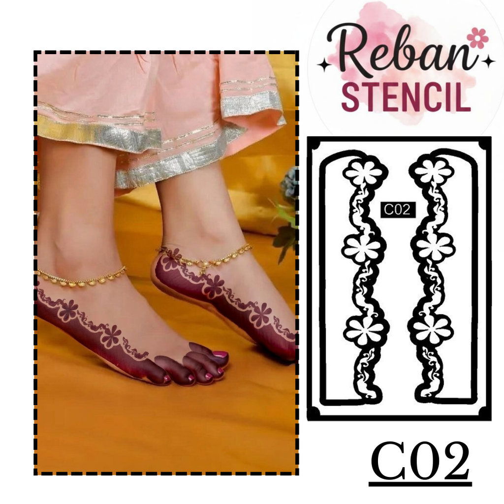 Traditional Foot Mehndi Stencil for Detailed Leg Design Application REBANSTENCIL C02