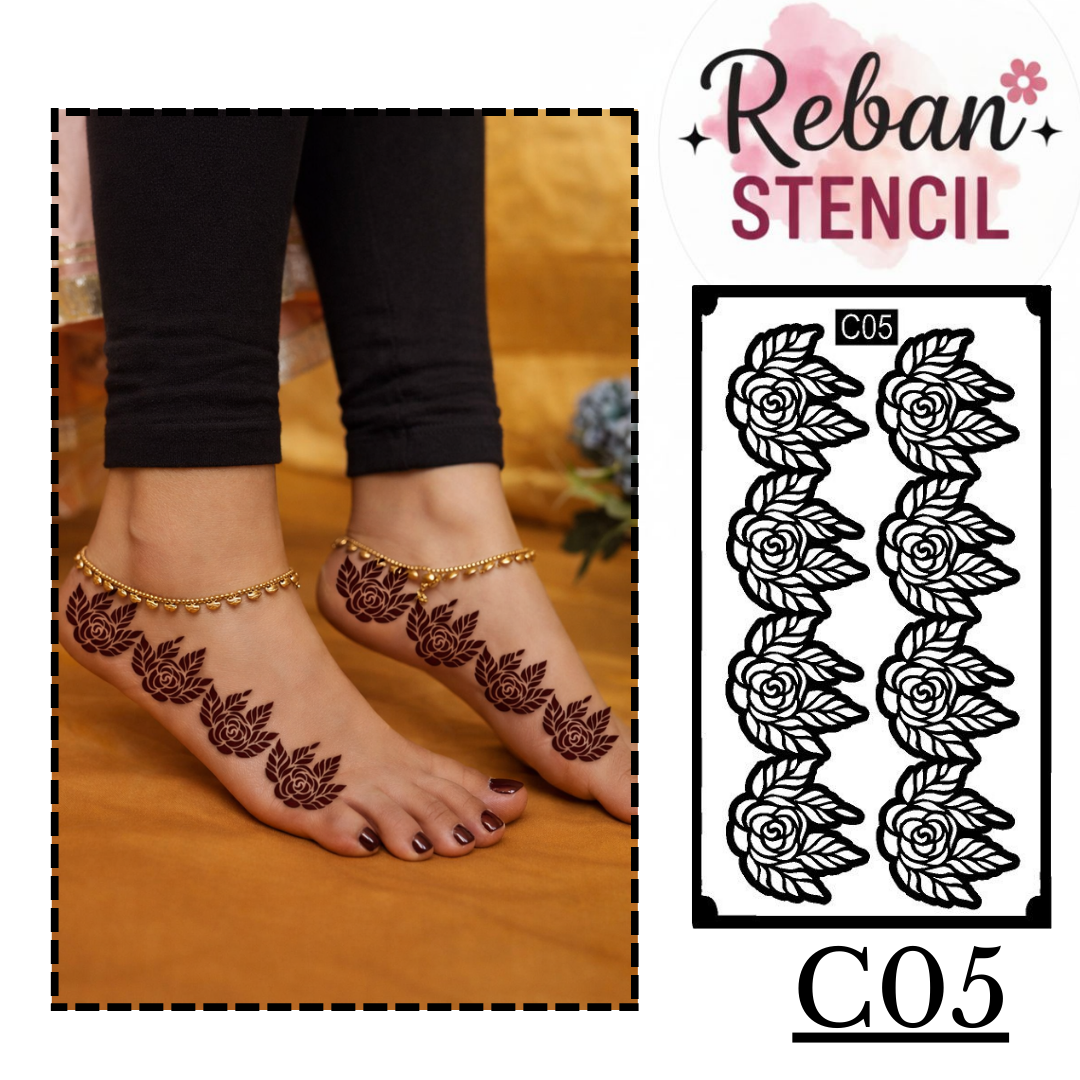 Artistic Leg Mehndi Stencil for Instant Foot Design Creation REBANSTENCIL C05
