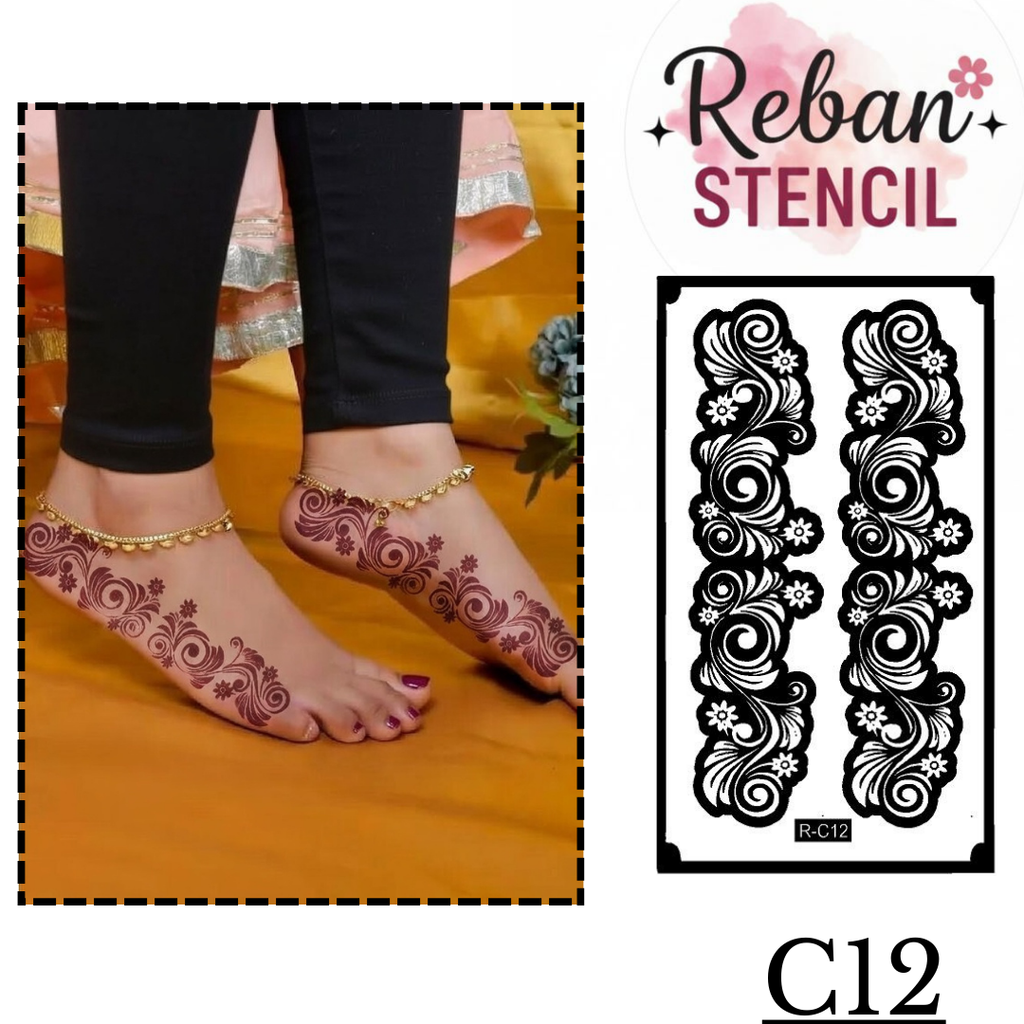 Decorative Leg Mehndi Stencil for Foot Pattern Application REBANSTENCIL C12