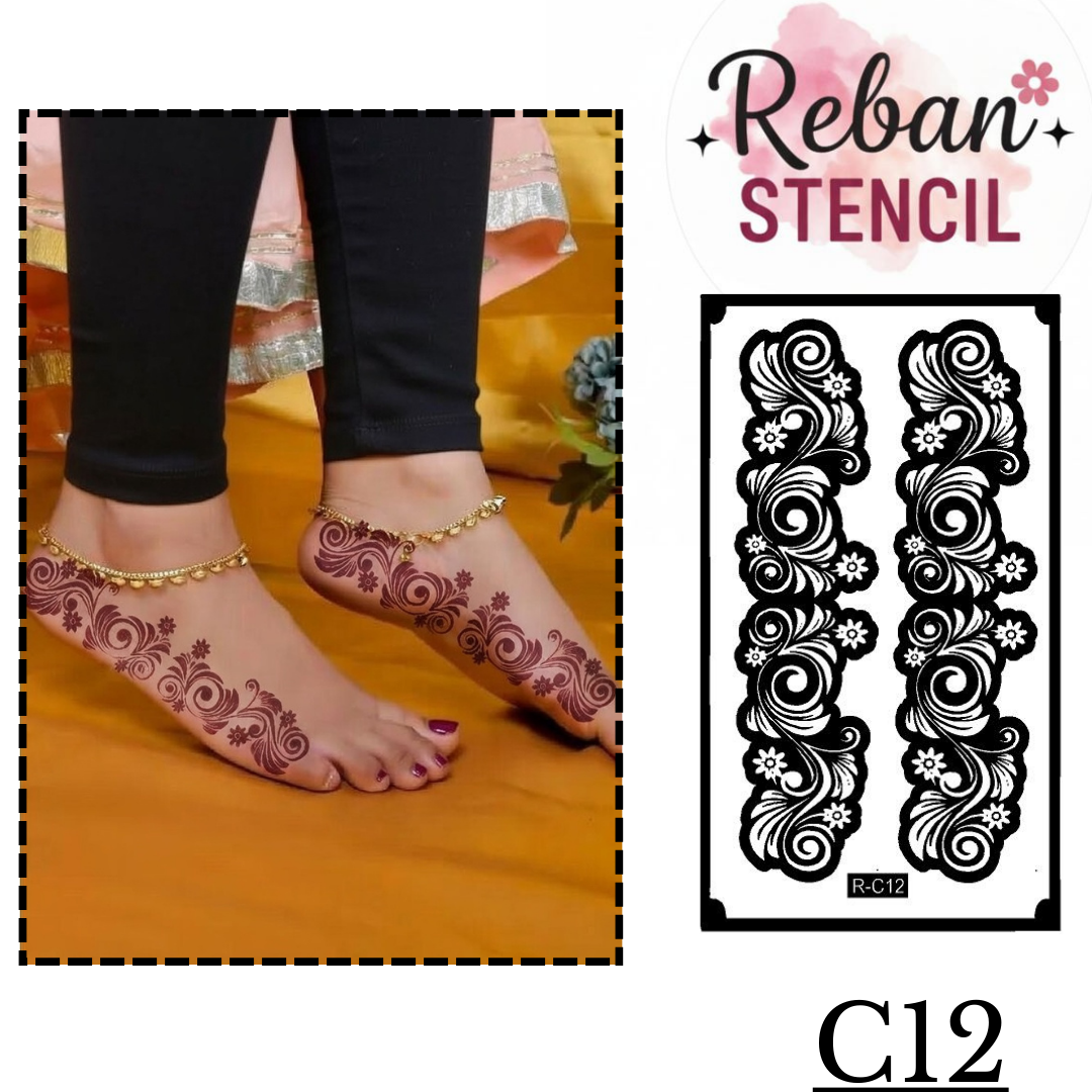 Decorative Leg Mehndi Stencil for Foot Pattern Application REBANSTENCIL C12