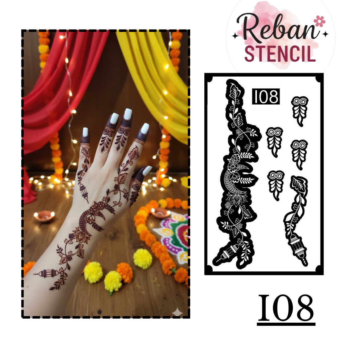 Premium Eid Mehndi Stencil – Crescent Moon & Lantern Hand Art REBANSTENCIL I08