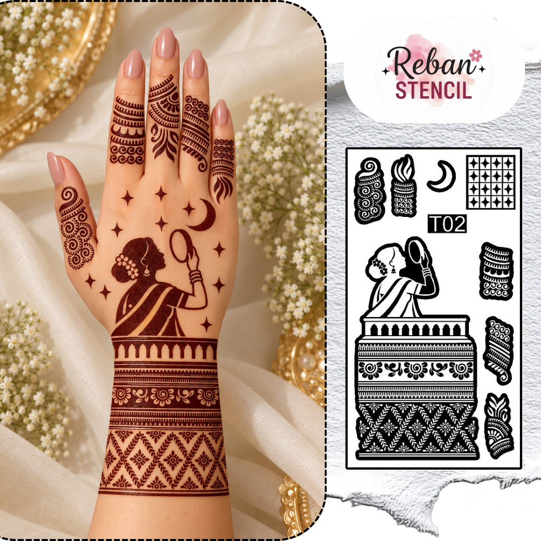 T02 Karwa Chauth Special Mehndi Stencil | Traditional Couple & Moon Design | Easy Apply Mehndi Sticker