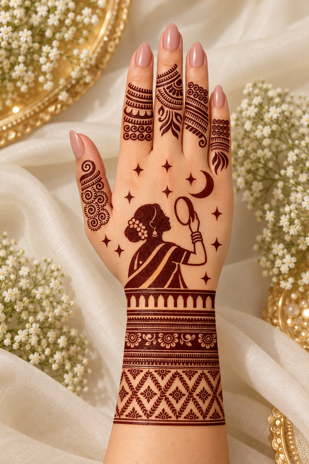 T02 Karwa Chauth Special Mehndi Stencil | Traditional Couple & Moon Design | Easy Apply Mehndi Sticker