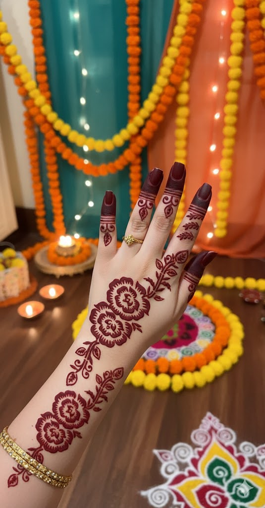 Festive Long Mehndi Stencil – Detailed Traditional Flow Design REBANSTENCIL B25