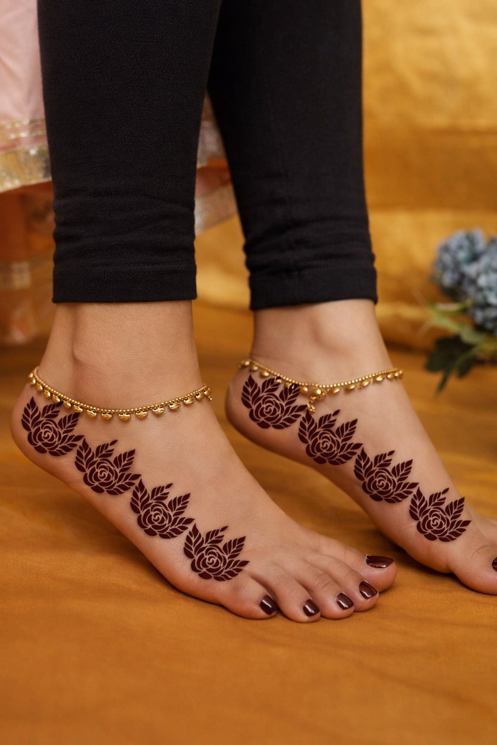 Artistic Leg Mehndi Stencil for Instant Foot Design Creation REBANSTENCIL C05
