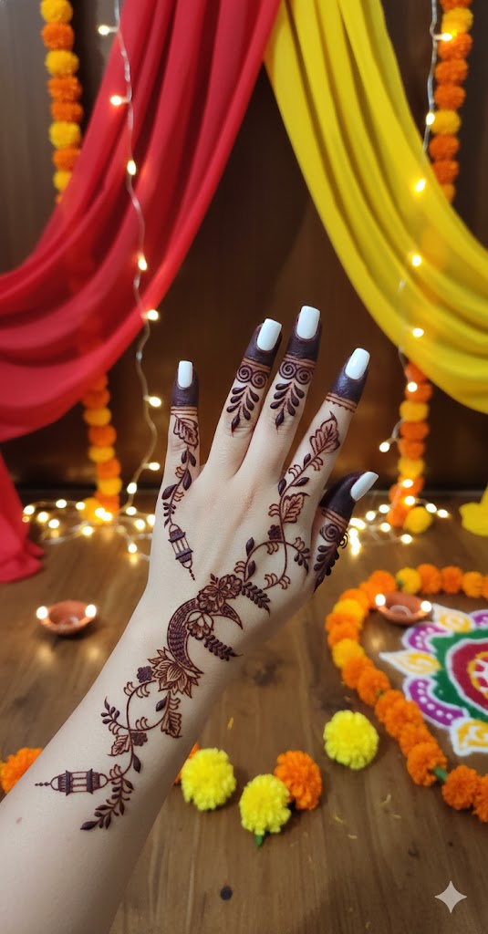 Premium Eid Mehndi Stencil – Crescent Moon & Lantern Hand Art REBANSTENCIL I08